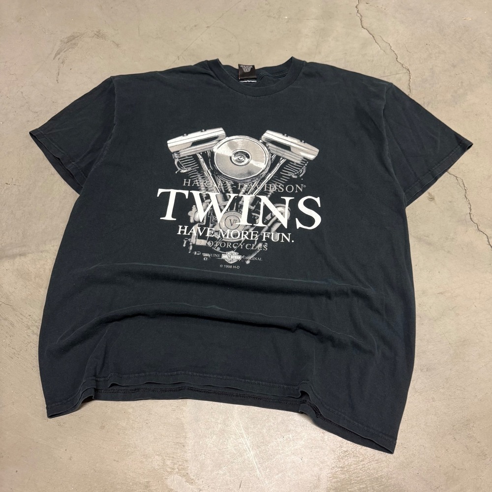 Vintage 1998 Harley Davidson Twins Have More Fun T-Shirt Mens XL Black Engine